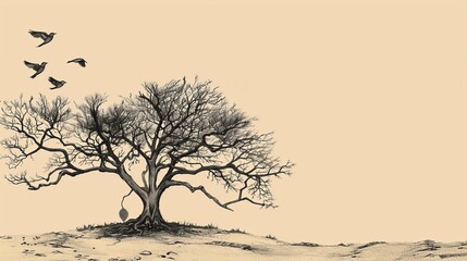 Wall Mural - Large Tree from Tiny Mustard Seed, Parable, Providing Shelter for Birds, Biblical Illustration, Beige Background, Copyspace