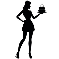 A Girl standing with holding a birthday cake on the hand, vector silhouette, a modern girl holding cake silhouette