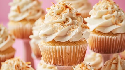 Wall Mural - A tower of fluffy coconut cupcakes frosted with a light coconut cream frosting and finished with a sprinkle of toasted coconut flakes.