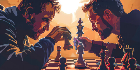A chess master strategizes their next move against a determined opponent, both players focused intently on the game