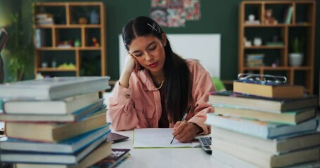 Leinwandbilder - Girl, student and writing notes in home for school with calculator for project, task and assignment for accounting. Learner, tired and bored for studying or fatigue, wonder and solution for equation.