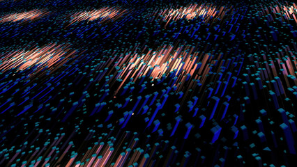 Poster - Abstract volumetric bars on a black background. Animation. 3D blue and green segments with round light flares.