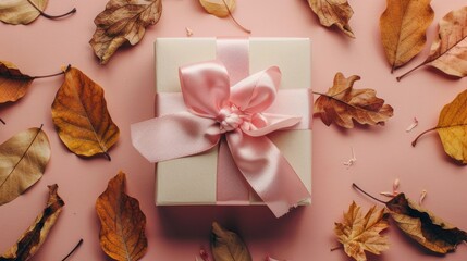 Wall Mural - A gift box with a decorative ribbon bow, set on a flat lay solid color background with dried flowers and tropical leaves, featuring ample area for copy