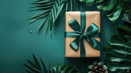 Wall Mural - A gift box with a decorative ribbon bow, set on a flat lay solid color background with dried flowers and tropical leaves, featuring ample area for copy