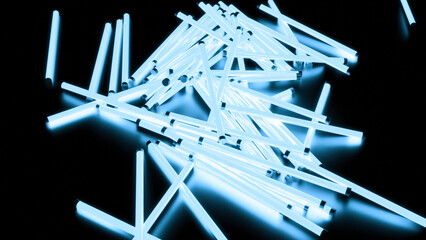 Fototapete - Glowing 3d sticks are falling. Design. Neon lamps fall on surface of 3D space. Glowing neon lights in pile on surface