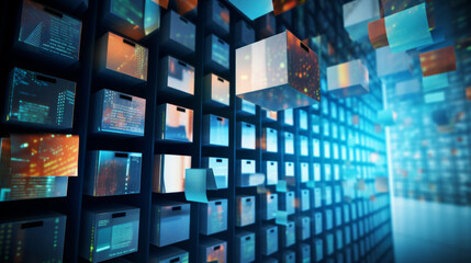 Aufkleber - abstract network grid with files and folders, futuristic software interface, digital document manage