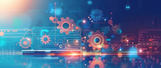 Poster - Abstract technology concept with gears and symbols on computer screen against blue background