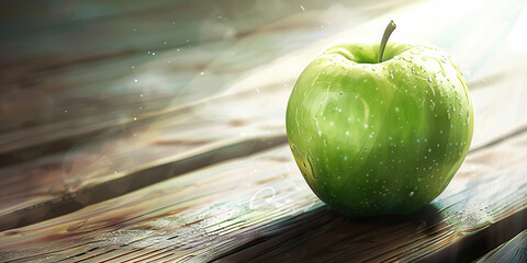 A green apple sits atop a wooden table, waiting to be peeled and prepared for a delicious meal