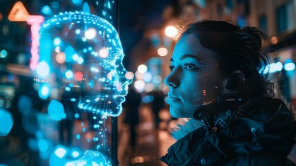 Poster - Using her smartphone, a woman chats with an AI, benefiting from the advanced conversational abilities of OpenAI's artificial intelligence technology