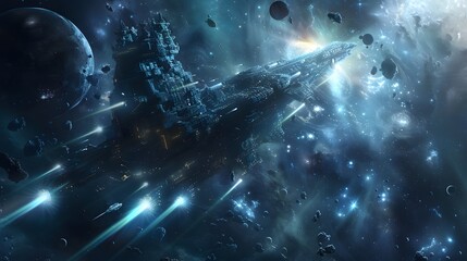 Futuristic glittering in space on black background.