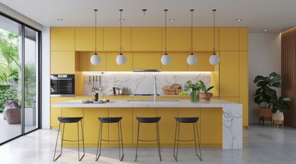 Wall Mural - Modern yellow kitchen featuring pastel yellow cabinets