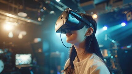 Wall Mural - Using VR glasses, a young Asian woman in casual attire experiences the thrill of a live-streaming concert, virtually transported to the performance