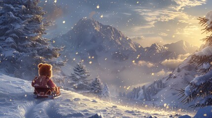 With a cuddly teddy bear in hand, a child enjoys a thrilling sled ride through the snow, soaking in the festive atmosphere of Christmas celebration