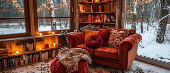 A cozy living room with a couch, a rug, and a pile of books