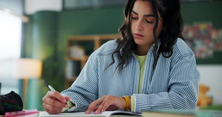 Poster - Home, girl and writing in study session for university exams, test and academic assignment. Student, notebook and pen for learning, research information and education with concentration in house