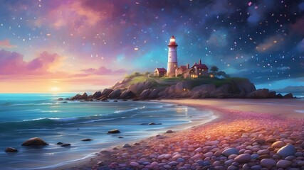Poster - A dreamy, night-time beach scene with a lighthouse in the distance casting a soft glow. The shoreline is covered with an assortment of vibrant, glowing pebbles and stones, creating a fantastical lands