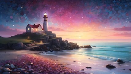 Wall Mural - A dreamy, night-time beach scene with a lighthouse in the distance casting a soft glow. The shoreline is covered with an assortment of vibrant, glowing pebbles and stones, creating a fantastical lands