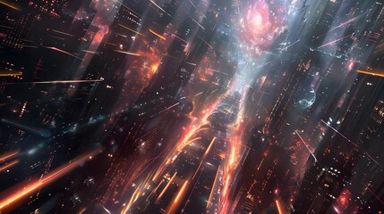 Futuristic glittering in space on black background.