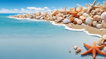 Canvas Print - Gorgeous beach background featuring seashells and starfish, a clear blue sky, and gentle waves on a sunny day, typical of summertime. Travel poster banner for a vacation