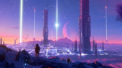 Futuristic glittering in space on black background.