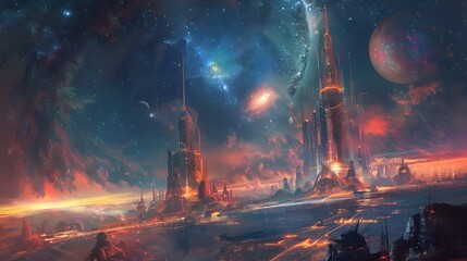 Futuristic glittering in space on black background.