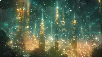 Futuristic glittering in space on black background.
