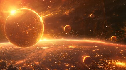 Futuristic glittering in space on black background.
