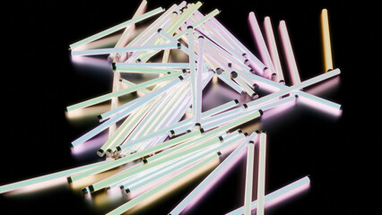 Poster - Neon 3d Nightclub Lamps. Design. Bright glowing lamps on black surface. Glowing lamps fall in heap on surface