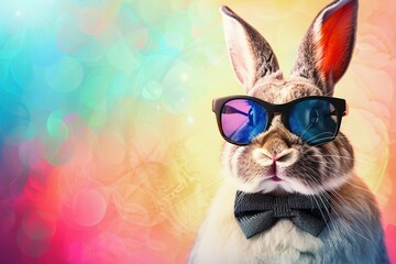 Wall Mural - Easter bunny with bow tie and sunglasses on abstract colorful background