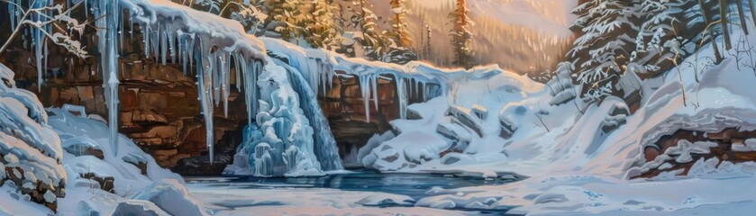 Poster - Beautiful winter landscape with frozen waterfall, snow-covered trees, and serene river creating a magical and peaceful scene.