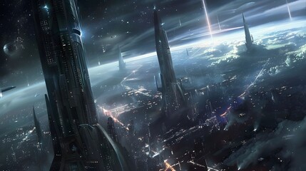 Futuristic glittering in space on black background.