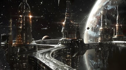 Futuristic glittering in space on black background.