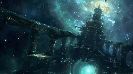 Futuristic glittering in space on black background.