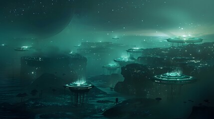 Futuristic glittering in space on black background.