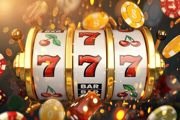 Golden jackpot moment on a slot machine with triple sevens, surrounded by coins and a celebration of lights and riches