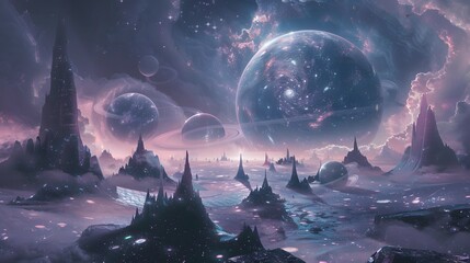 Futuristic glittering in space on black background.