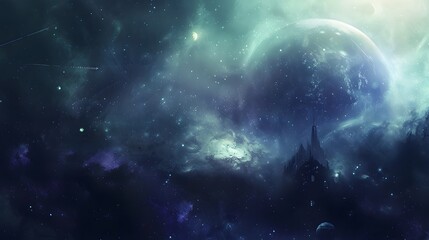 Futuristic glittering in space on black background.