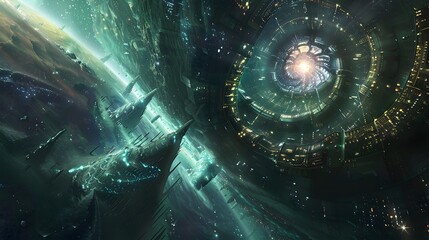 Futuristic glittering in space on black background.