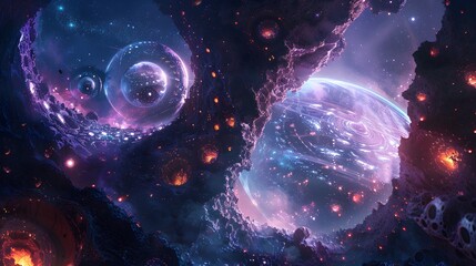 Futuristic glittering in space on black background.
