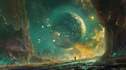 Futuristic glittering in space on black background.