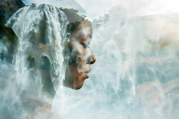 Wall Mural - double exposure image of women with waterfall