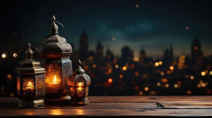 Wall Mural - Ramadan lamp on wooden board with sunset background for banner or poster