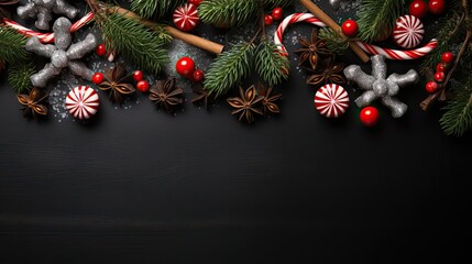 happy Christmas background with the concept of plants and Christmas ornaments on a black background