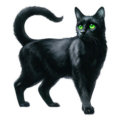 Black cat with glowing green eyes full body on  white background