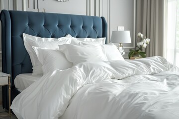 Poster - Bedroom with white bed linen blue headboard and bedside table