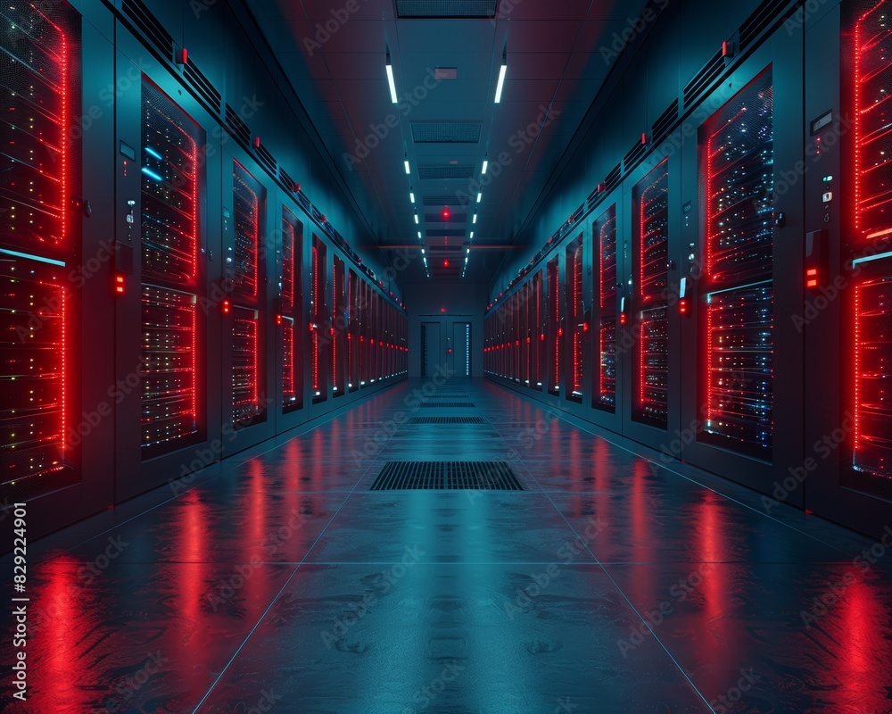 Dimly lit server room with rows of red illuminated racks and pathway ...