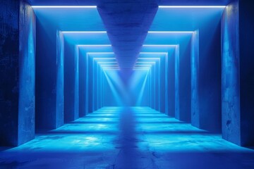 Sticker - Blue background with neon lights on empty stage searchlights creating abstract tunnel