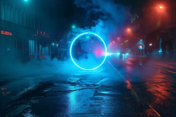 Wall Mural - Blue neon circle on wet asphalt street with smoke at night