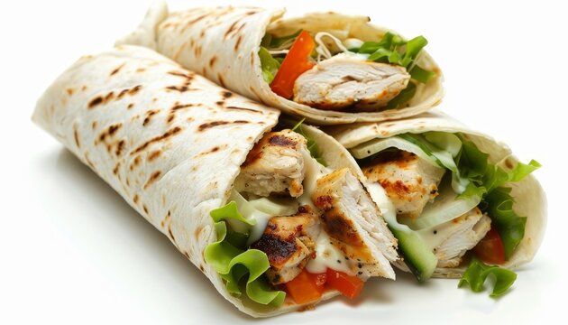 Chicken and salad tortilla wrap with white sauce set apart on a white background