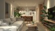 © kvladimirv - Modern Cozy Living Room and Kitchen with Indoor Plants and Warm Lighting